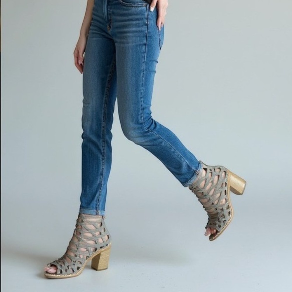 Jeffrey Campbell Bootie Women 7 Taupe Suede Gladiator Cutout Lace Up Block Heel